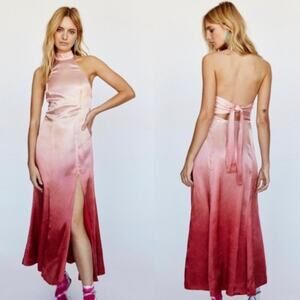Free People Sunset Pink/Red Ombre Halter Satin Midi Dress Size 8 NWT Boho